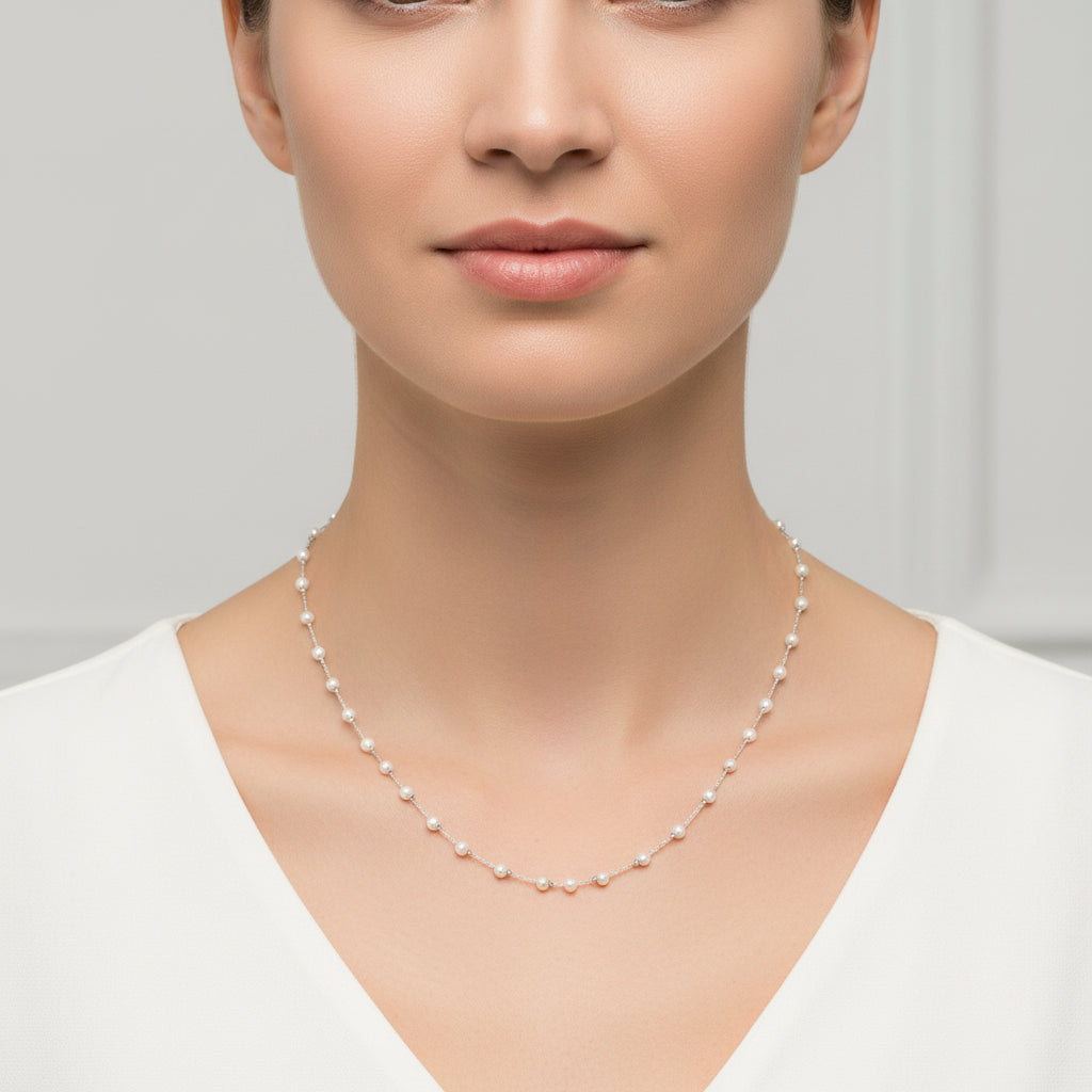 Collar de acero inoxidable con perlas pequeñas y acabado plata