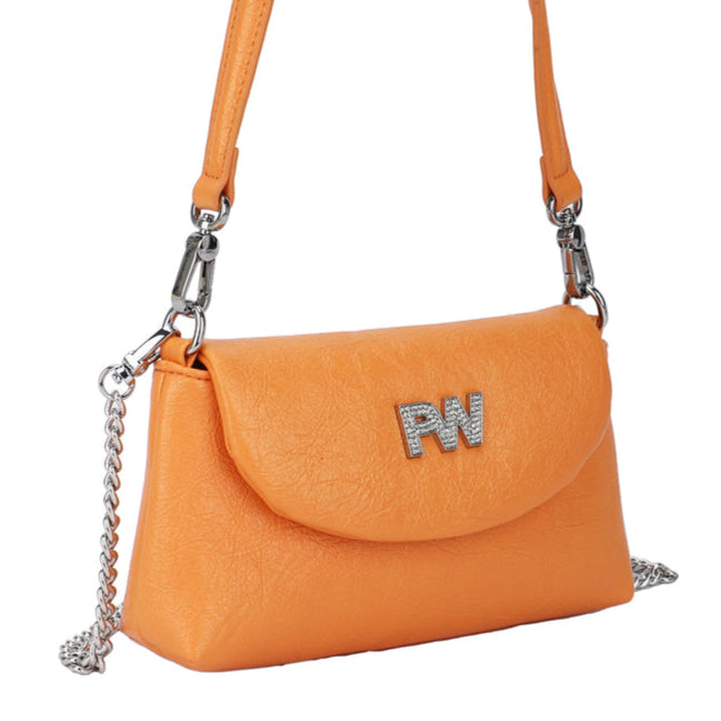 Bolso de mano y bandolera pequeño con logo plateado y brillantitos color naranja