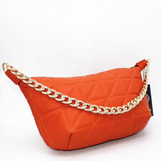 Bolso de piel 100% auténtica guateado con forma de luna y cadena dorada color naranja - mbyou