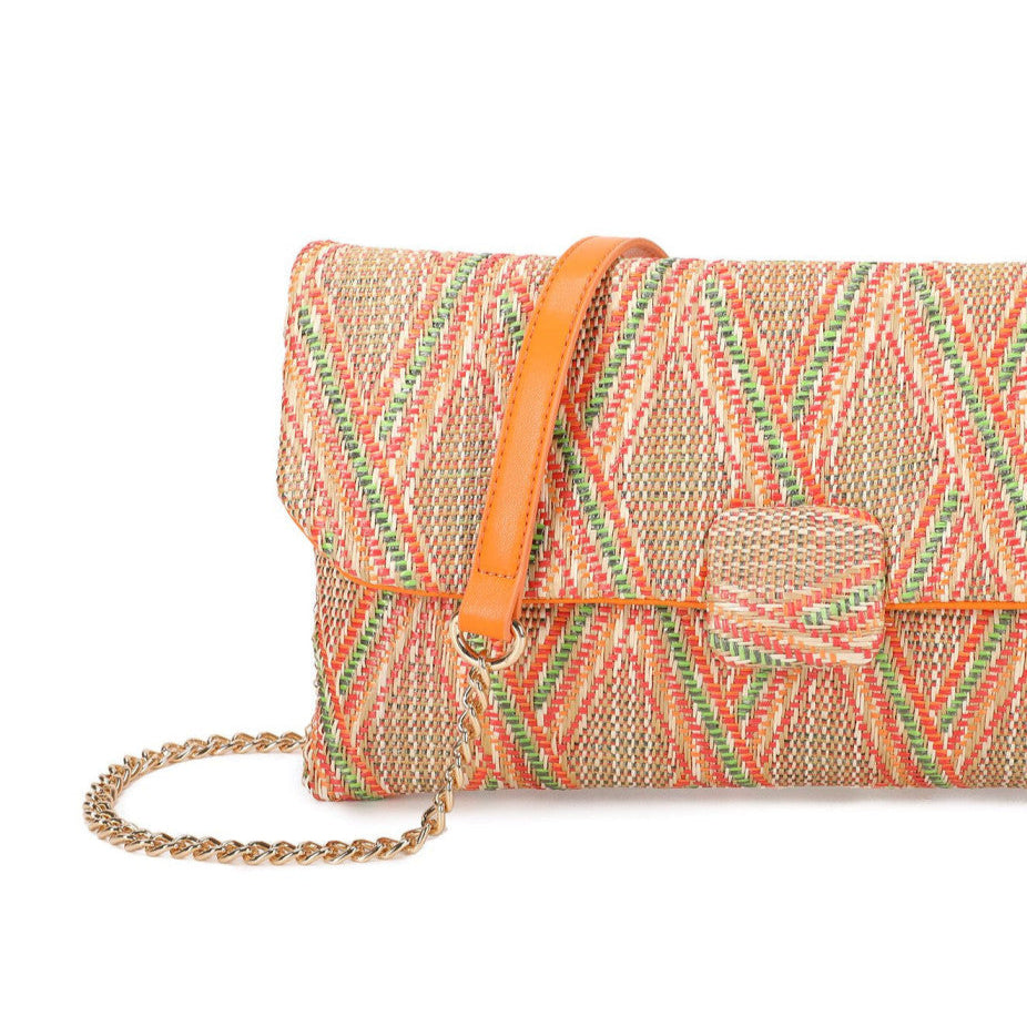 Bolso de mano estampado geométrico con cierre cuadrado color naranja