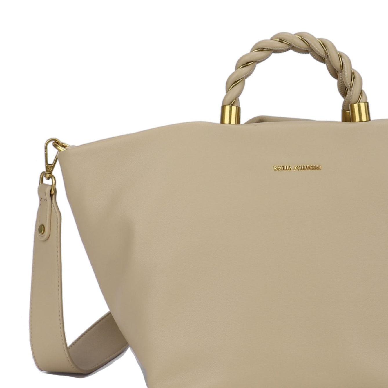 Bolso de mano y bandolera tipo capazo acabado nude beige y detalles dorados