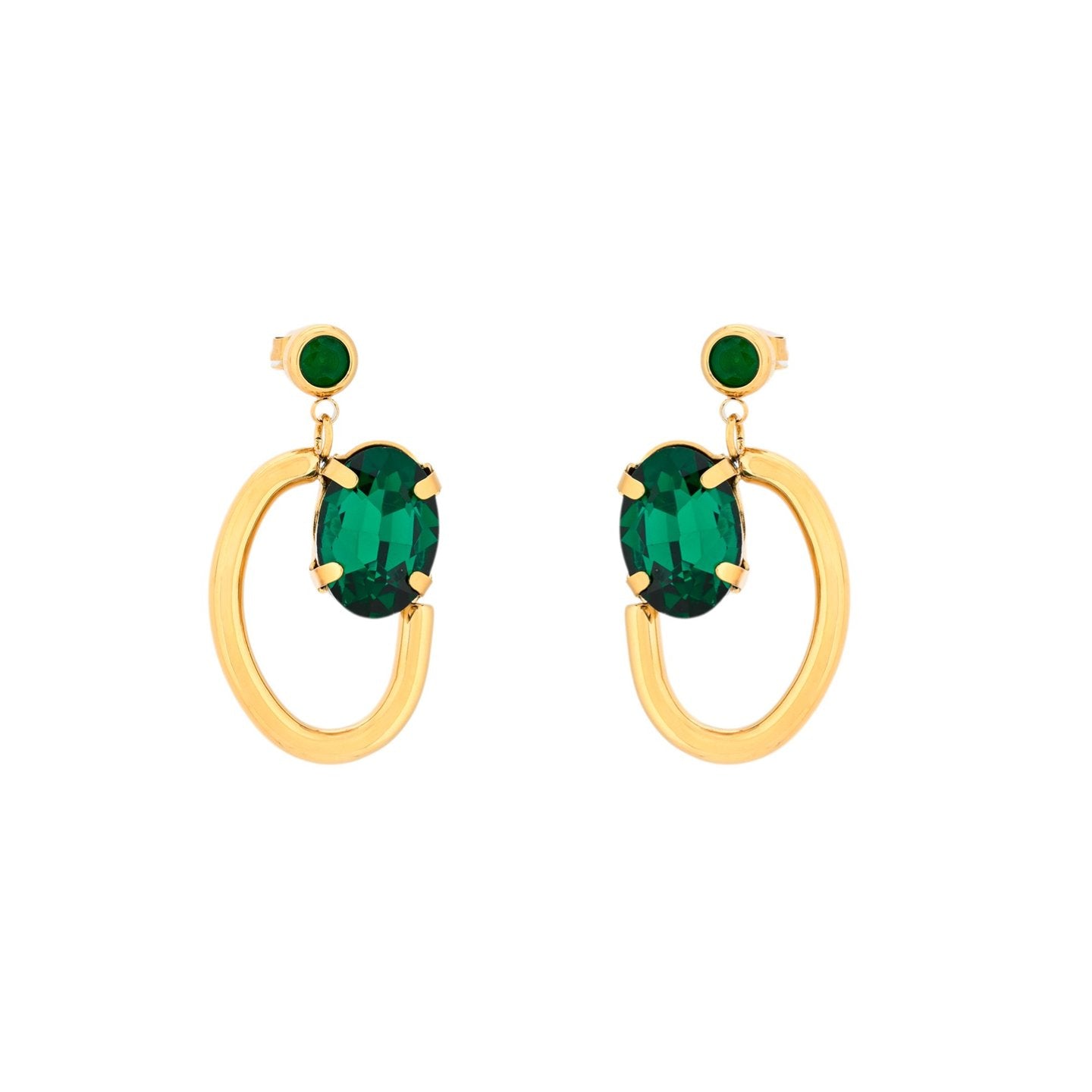 Pendientes largos de acero ovales con cristales verdes acabado oro - mbyou - Moments by You