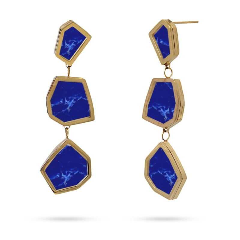 Pendientes largos de acero con formas geométricas en azul y efecto marmolado - Moments by You