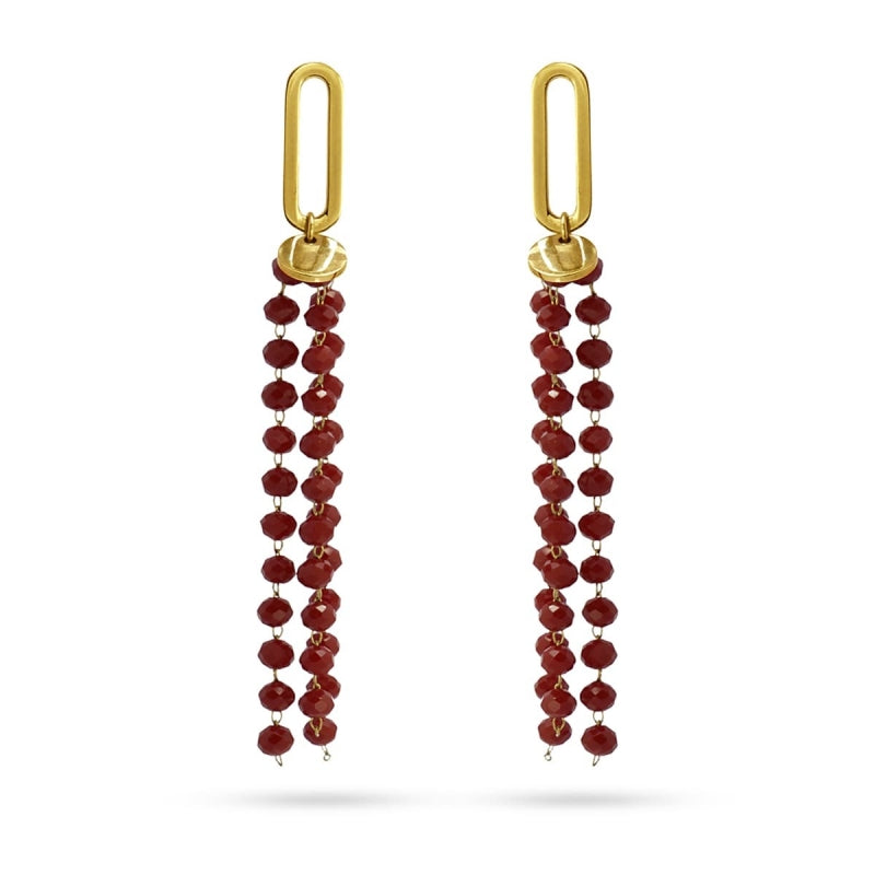 Pendientes de acero quirúrgico largos con cristales colgantes en color rojo acabado oro - Moments by You