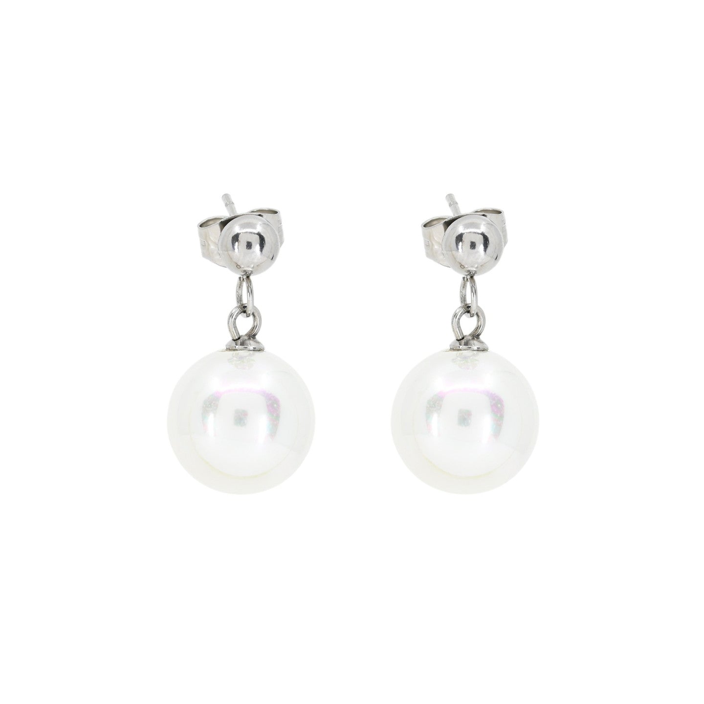 Pendientes de acero con perla blanca colgante y en acabado plata