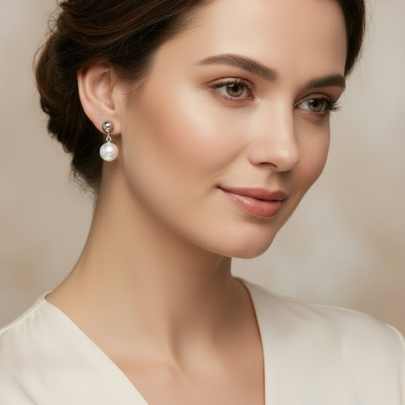Pendientes de acero con perla blanca colgante y en acabado plata