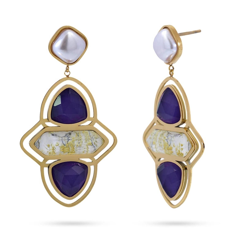 Pendientes de acero quirúrgico largos con piedras de cristal facetadas granates y blancas - Moments by You