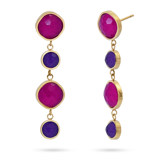 Pendientes de acero quirúrgico largos con cristales fucsia y morado - Moments by You