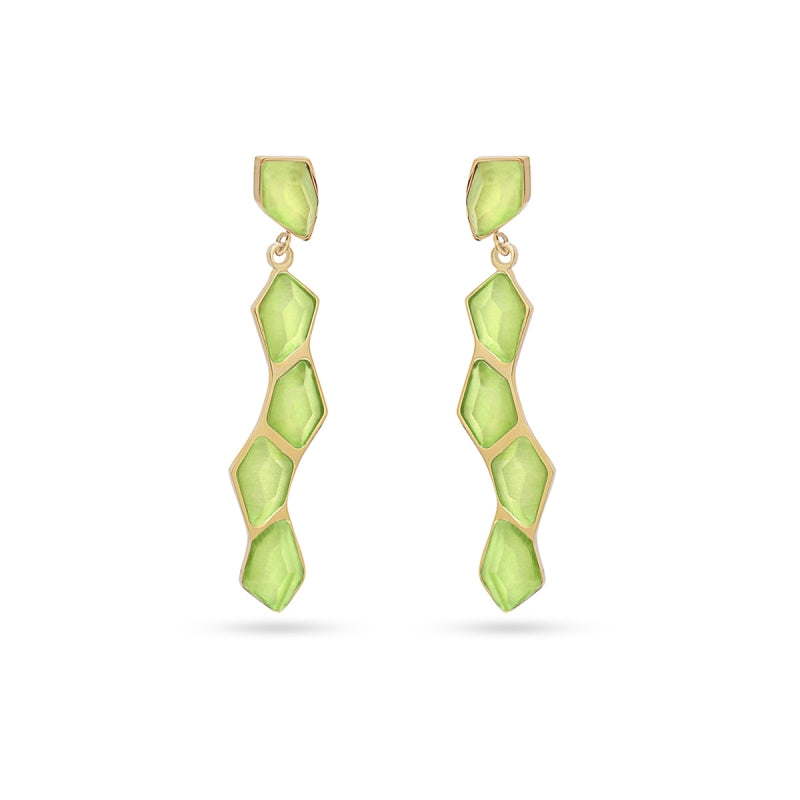 Pendientes largos de acero en forma serpiente y piedras de cristal en varios colores acabado oro