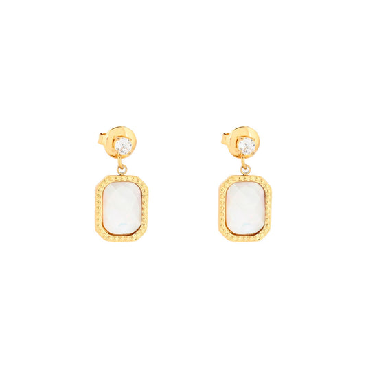Pendientes de acero inoxidable con circonita pequeña y piedra natural nacarada blanca acabado oro - mbyou