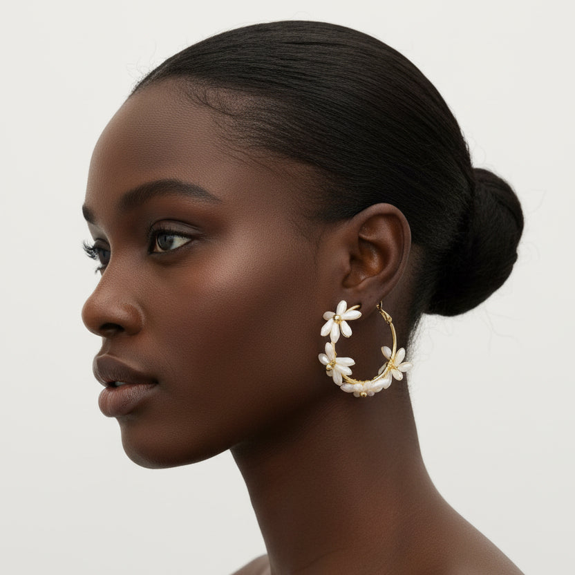 Pendientes de acero largos aro con flores de cristales acabado oro - Moments by You