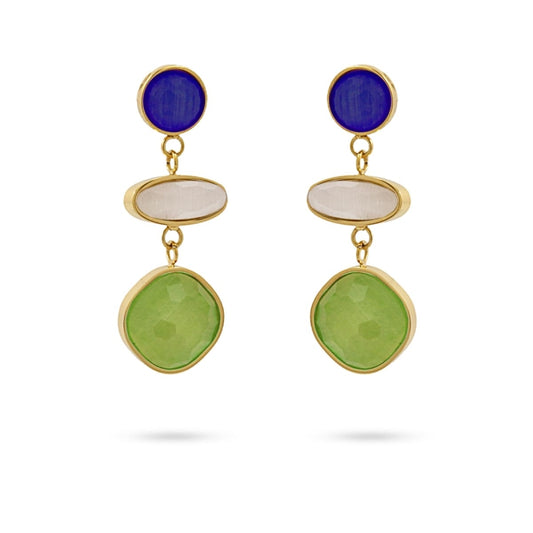 Pendientes de acero quirúrgico con piedras de cristal en tono verde, azul y blanco acabado oro - mbyou