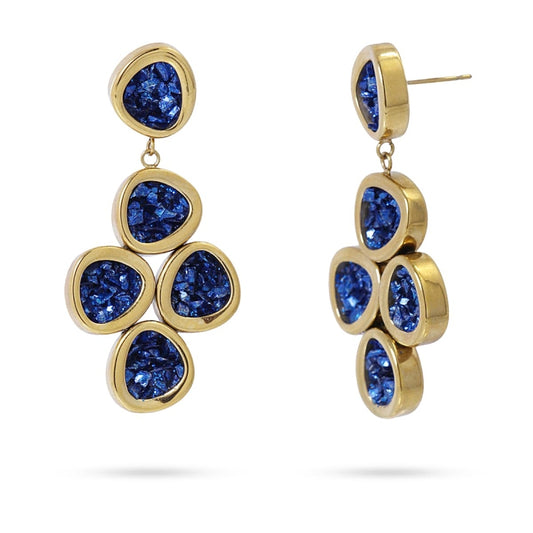 Pendientes largos de acero quirúrgico con conjunto de drusas en azul acabado oro - mbyou