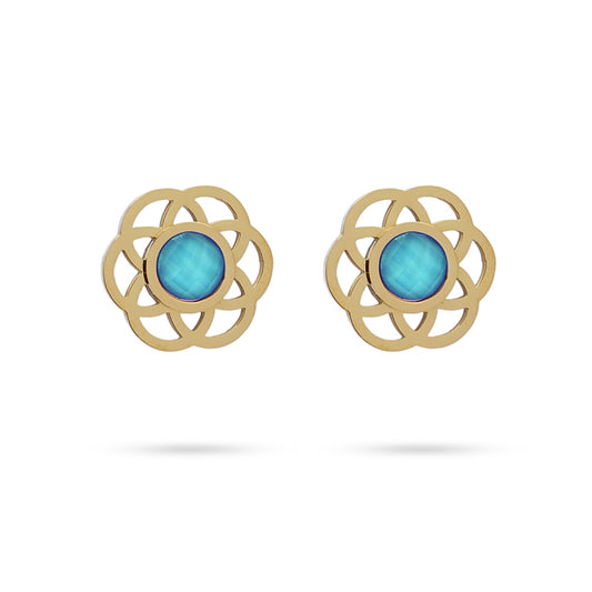 Pendientes cortos de acero inoxidable quirúrgico forma floral con piedra turquesa acabado oro - mbyou