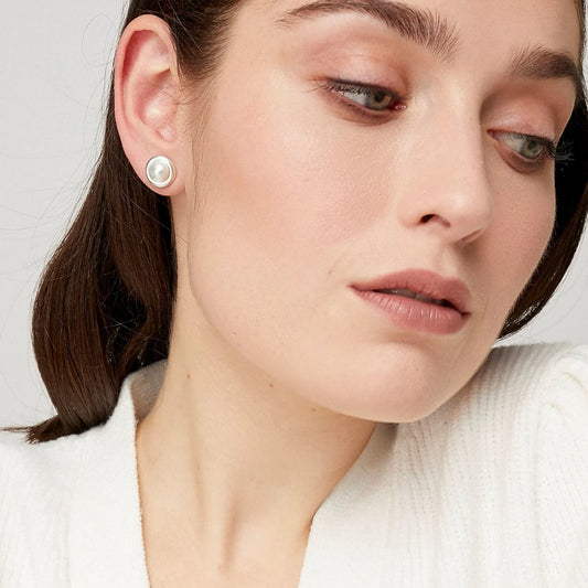 Pendientes botón circulares plata S925 y perlas naturales cultivadas acabado plata  - mbyou