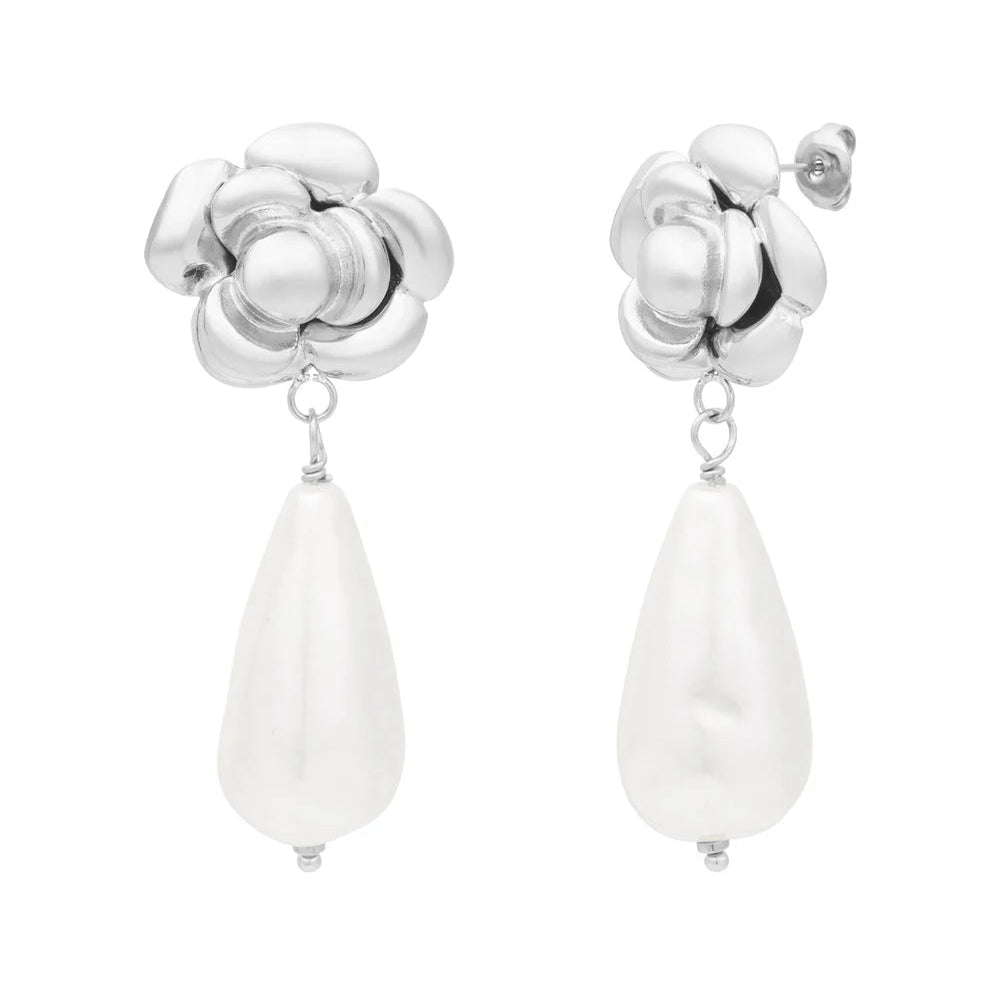 Pendientes acero inoxidable con detalle de flor y perla colgante grande