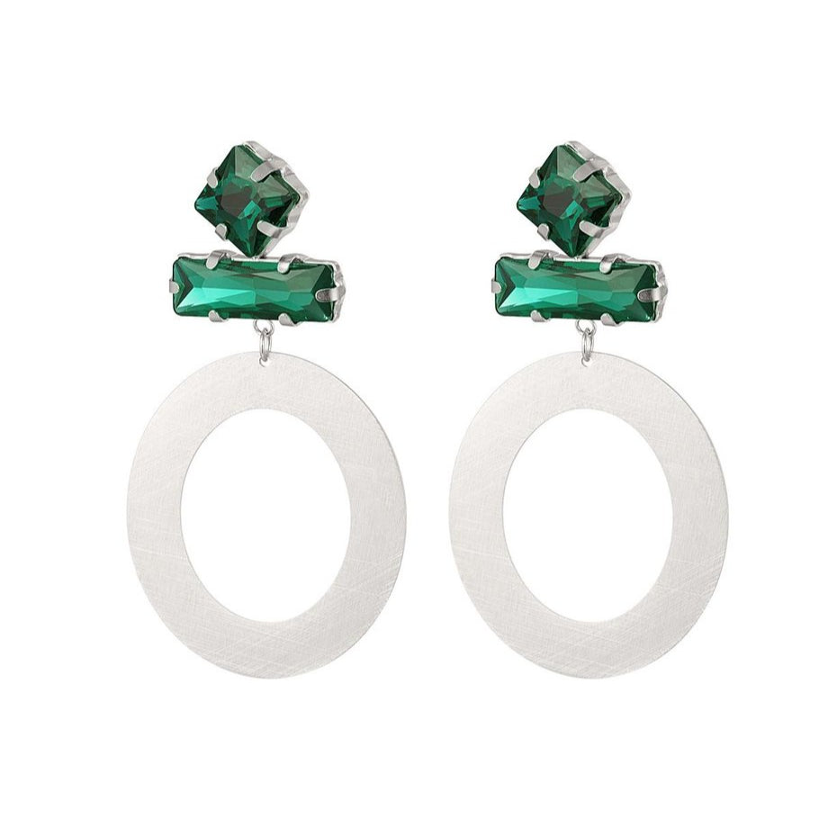 Pendientes de metal con cristales en color verde y un aro con acabado mate plata - mbyou