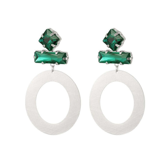 Pendientes de metal con cristales en color verde y un aro con acabado mate plata - mbyou