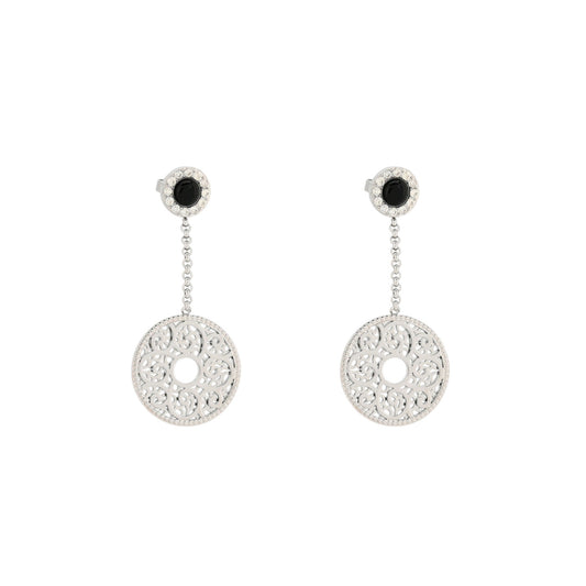 Pendientes acero largos redondos con diseño de filigrana, circonitas y piedra de cristal acabado plata - mbyou