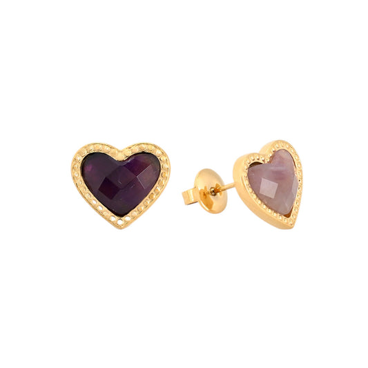 Pendientes acero inoxidable con forma de corazón y piedra natural de color morada  acabado oro - mbyou