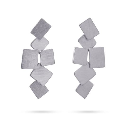 Pendientes largos de acero pulido mate con diseño de cuadrados acabado plata  - mbyou