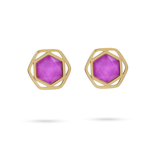 Pendientes cortos de acero inoxidable quirúrgico forma geométrica con piedra fucsia acabado oro - mbyou