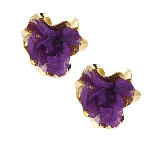 Pendientes metalizados forma de flor con tela morada acabado oro- mbyou