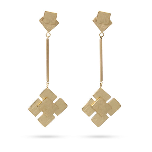 Pendientes largos de acero pulido mate con diseño de cuadrados desprendidas en un palo recto acabado oro  - mbyou