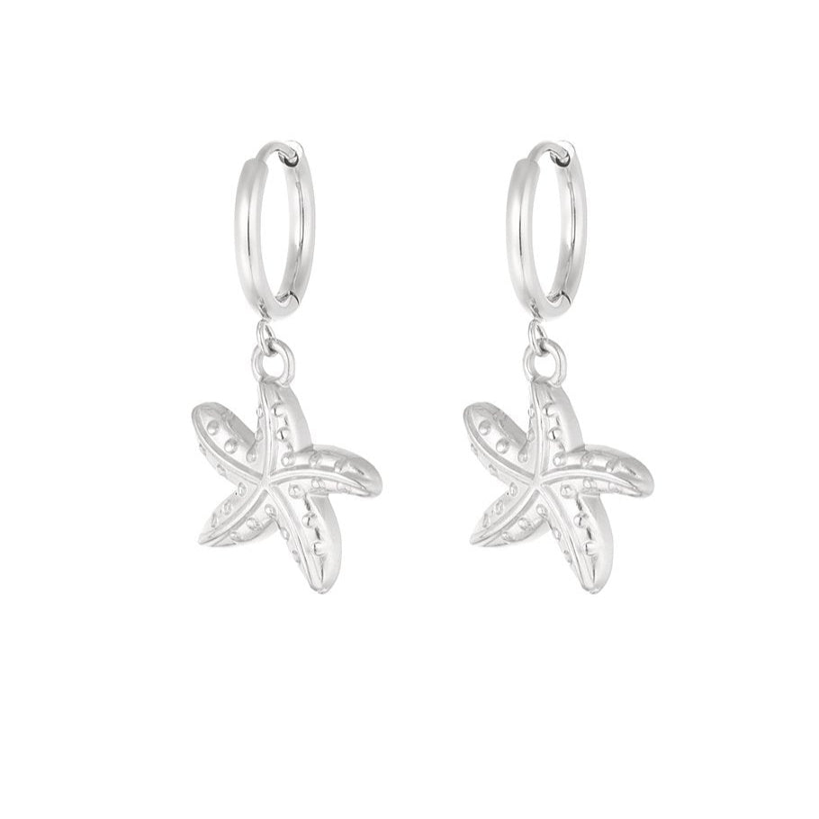 Pendientes de acero inoxidable aro en forma de estrella de mar en acabado plata - mbyou