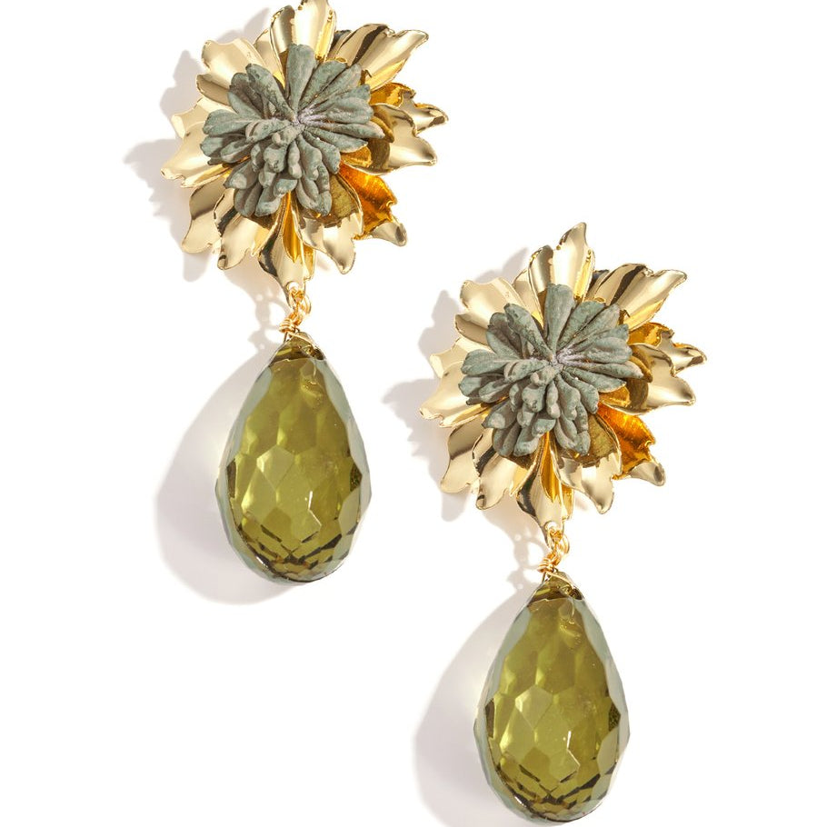 Pendientes con flor y lágrima de cristal colgante verde acabado oro - mbyou