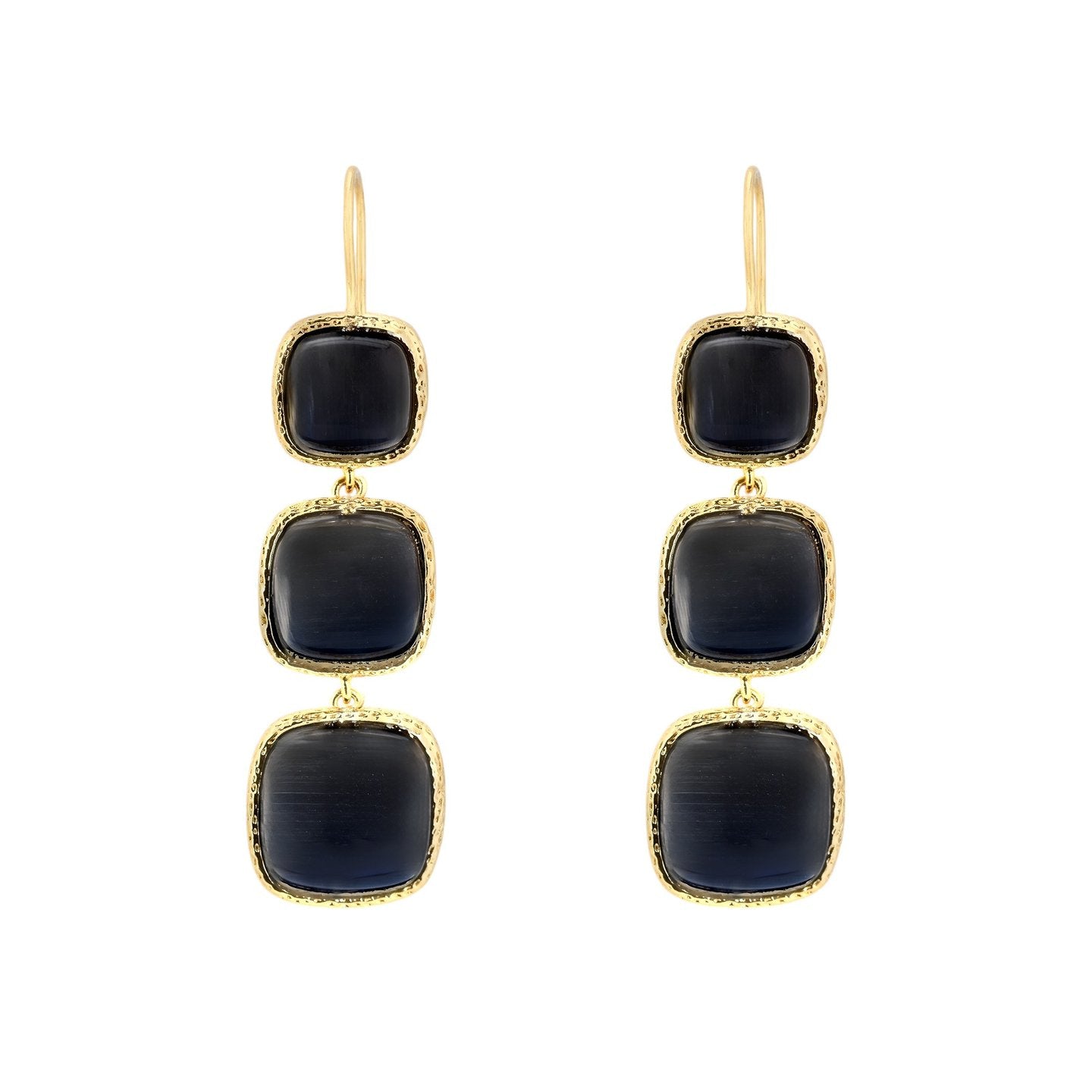 Pendientes largos semijoya tres piedras en color negro y con baño de oro 18Kt - mbyou