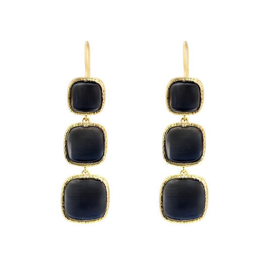 Pendientes largos semijoya tres piedras en color negro y con baño de oro 18Kt - mbyou