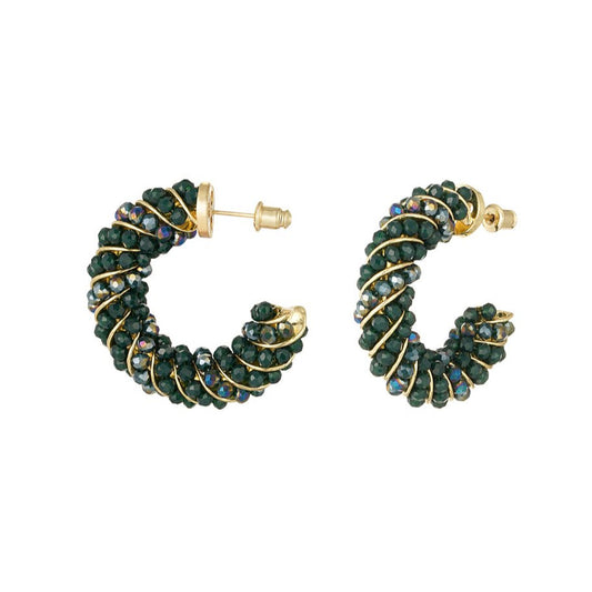Pendientes de cobre en forma de aro con brillitos verdes en diferentes tonos y con acabado oro - mbyou