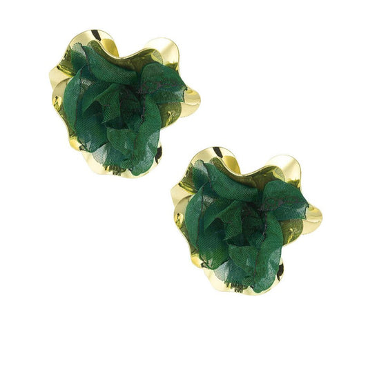 Pendientes forma de flor con tela verde y metal en acabado oro- mbyou