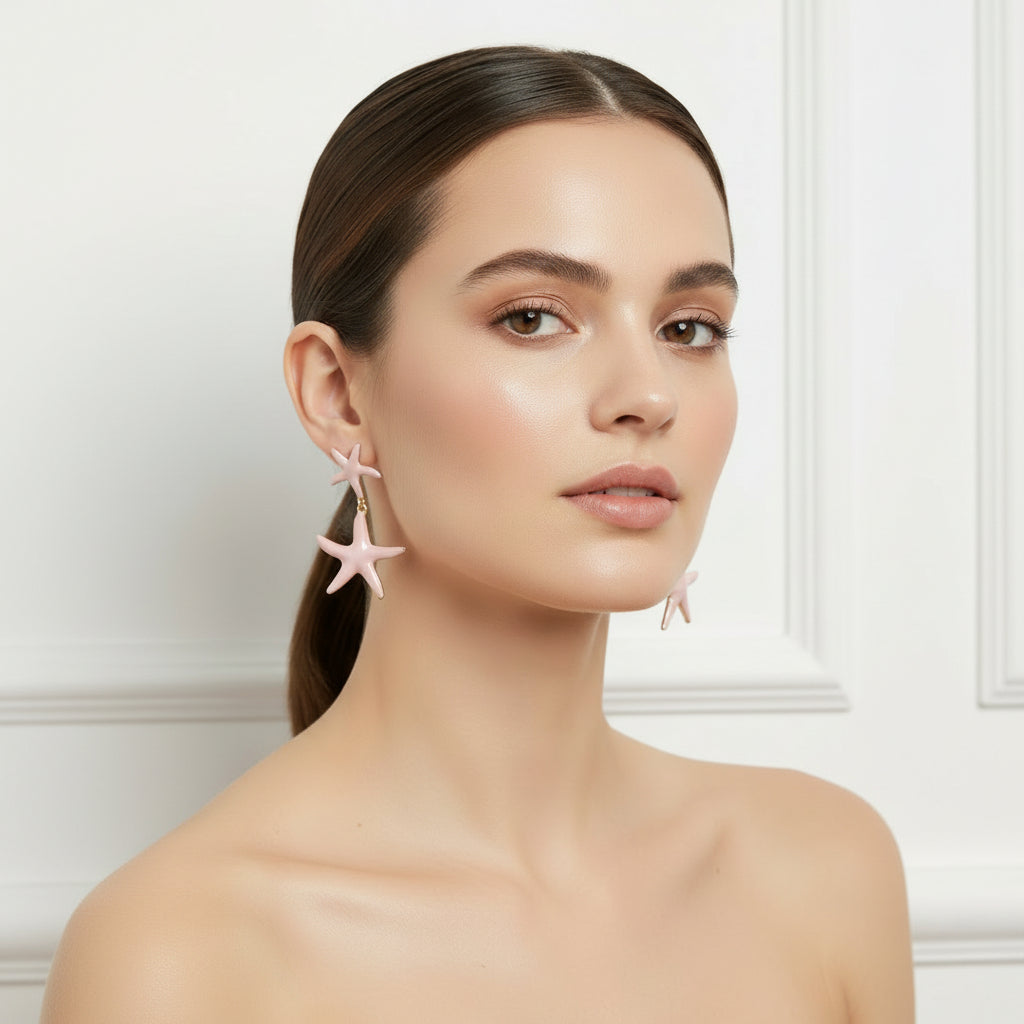 Pendientes largos de acero en forma de estrellas de mar a dos alturas
