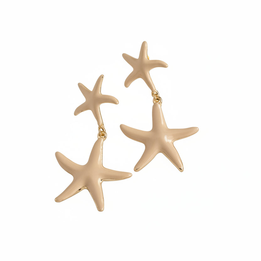 Pendientes largos de acero en forma de estrellas de mar a dos alturas
