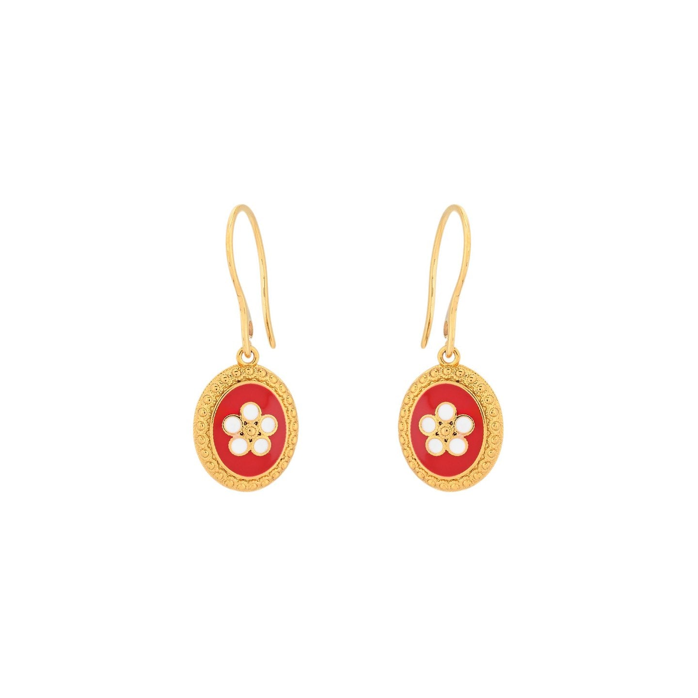 Pendientes largos de acero con charm de flor con texturas y fondo rojo oro