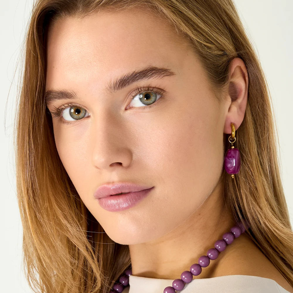 Pendientes de acero largos de aro con piedra marmolada acabado oro - Moments by You