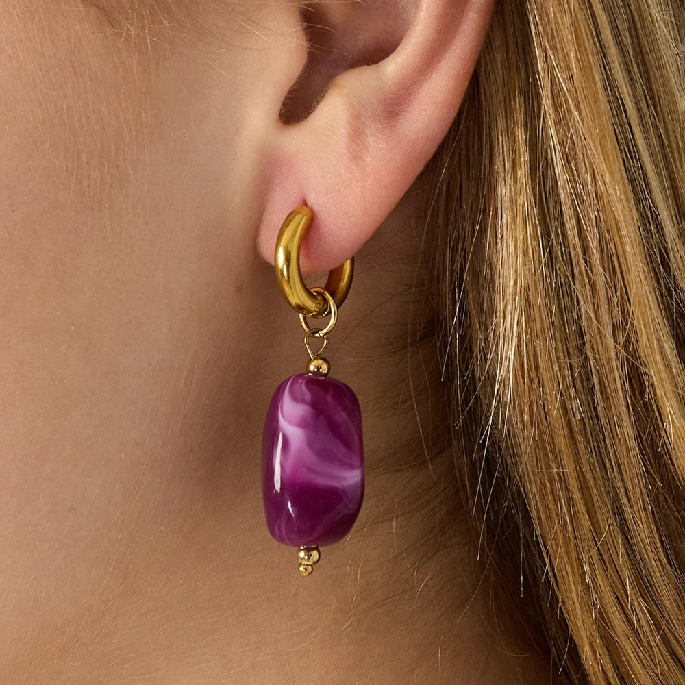 Pendientes de acero largos de aro con piedra marmolada acabado oro - Moments by You