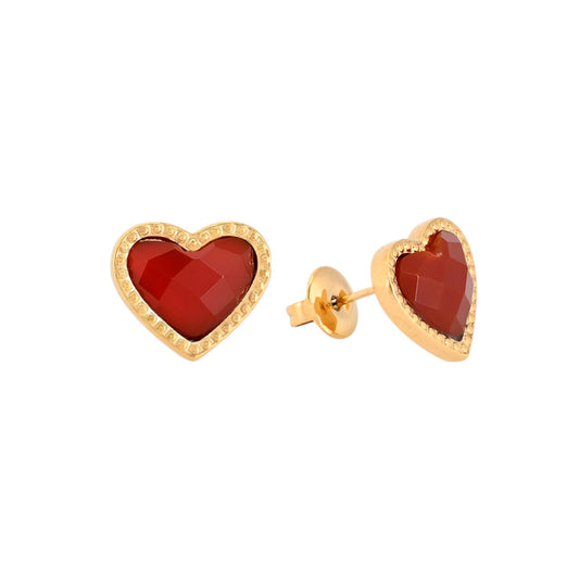 Pendientes acero inoxidable con forma de corazón y piedra natural de color rojo acabado oro - mbyou