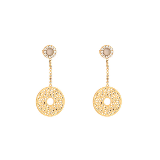 Pendientes acero largos redondos con diseño de filigrana, circonitas y piedra de cristal acabado acabado oro - mbyou