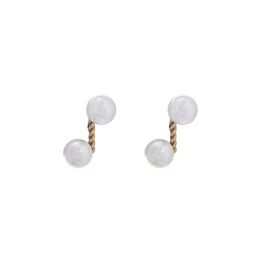 Pendientes de acero inoxidable con dos perlas unidas por un palo trenzado acabado oro - mbyou