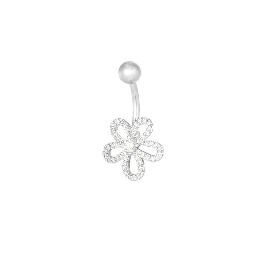 Piercing del ombligo en forma de flor con circonitas por el borde y una esfera de plata  - mbyou