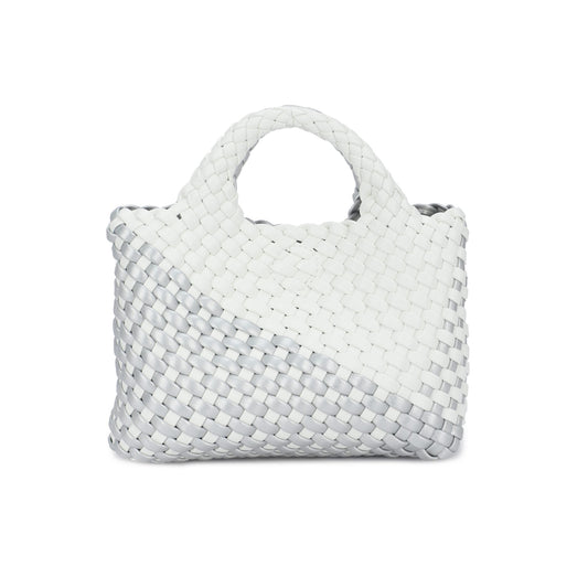 Bolso efecto piel trenzada color plata y blanco pequeño