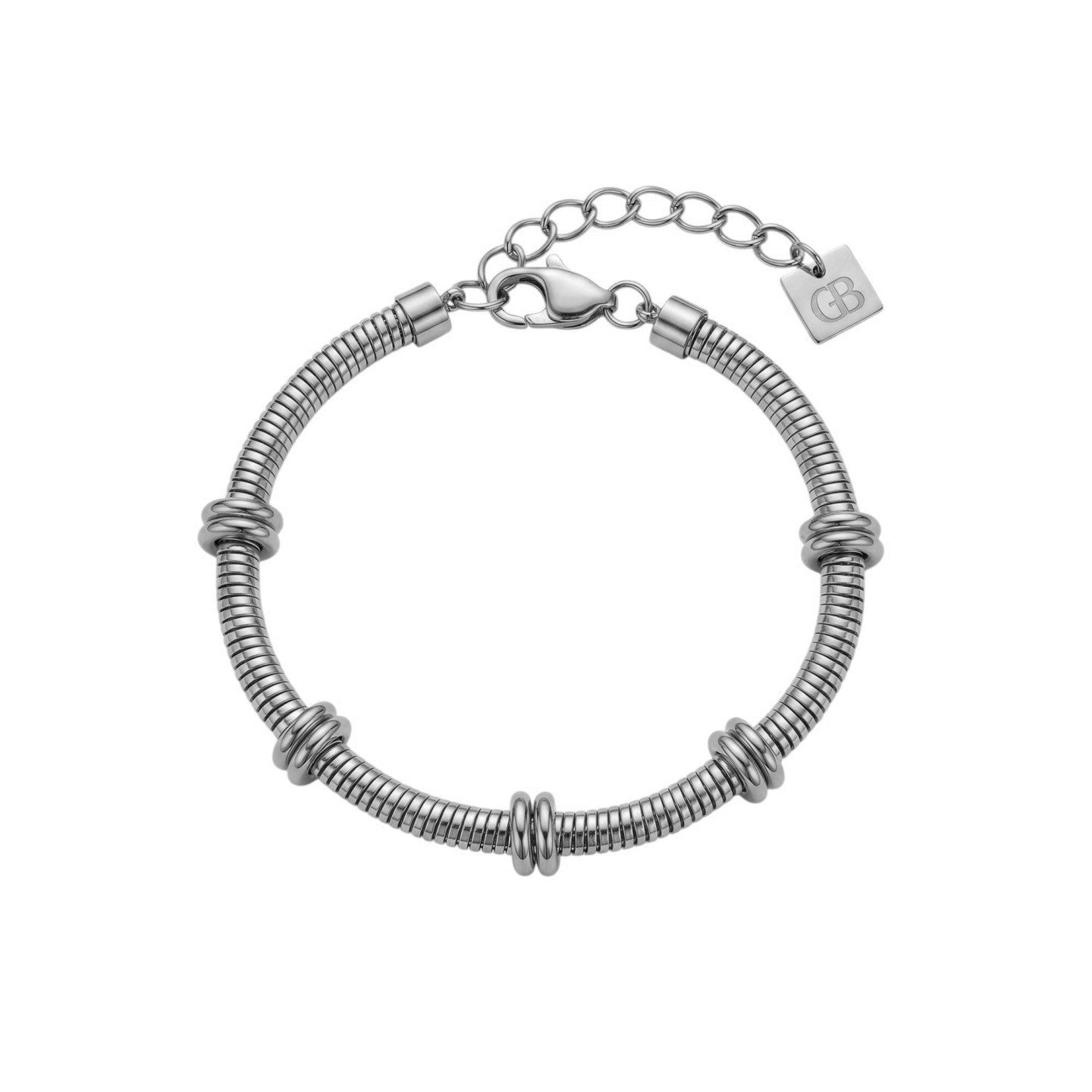 Pulsera acero gruesa con cadena de serpiente y detalles con aros