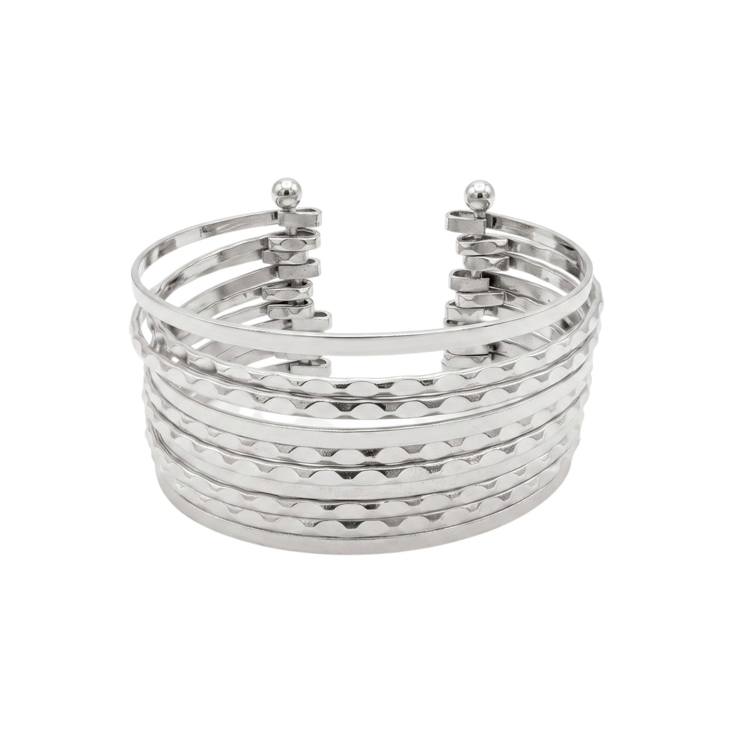 Pulsera de acero semi rígida y ajustable mix de pulseras lisas e irregulares en acabado plata
