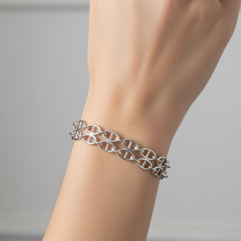 Pulsera acero con doble cadena de eslabones medianos en acabado plata