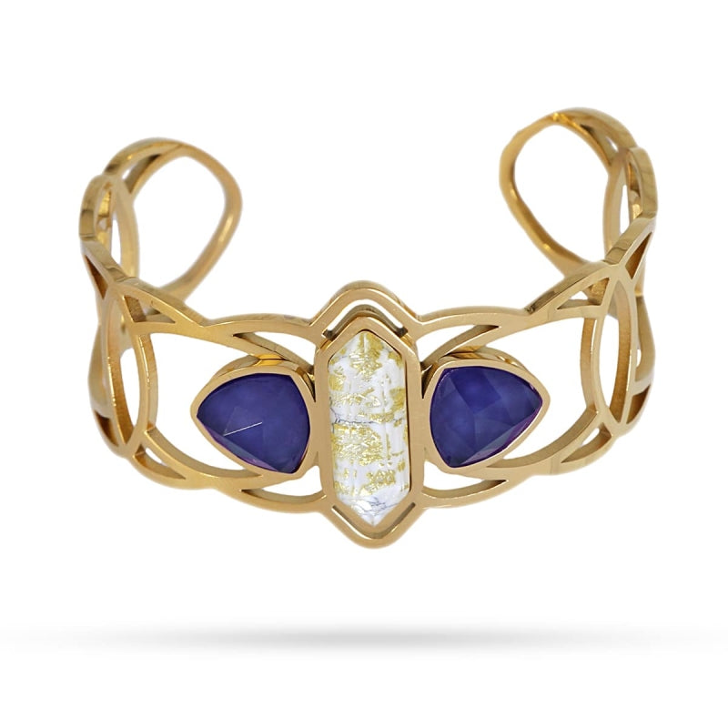 Pulsera de acero quirúrgico con una piedra de textura mármol en blanco y dos piedras de cristal acabado oro - Moments by You