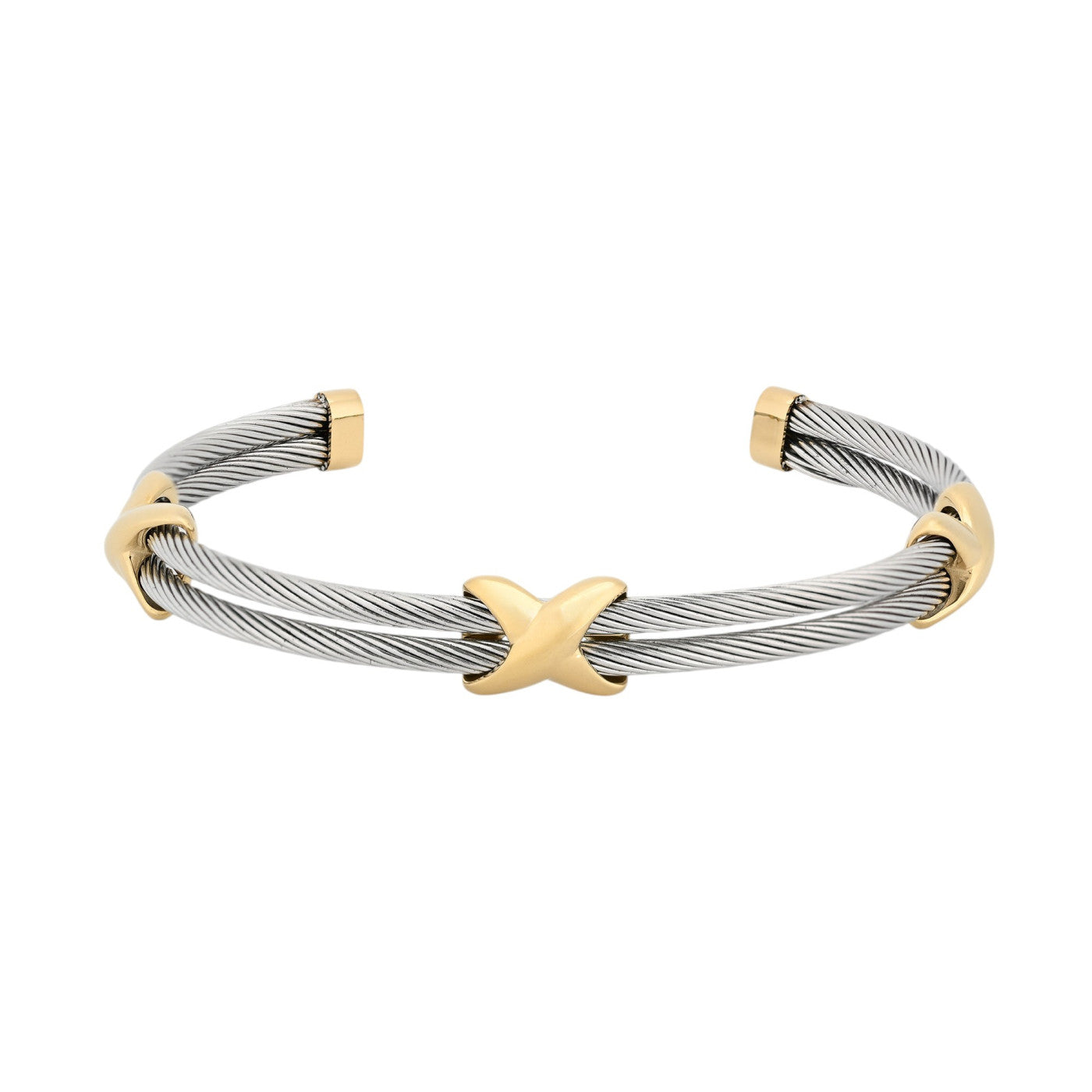 Pulsera de acero inoxidable rígida doble cordón en plata con estrella engarzando y terminaciones acabado oro y plata - mbyou