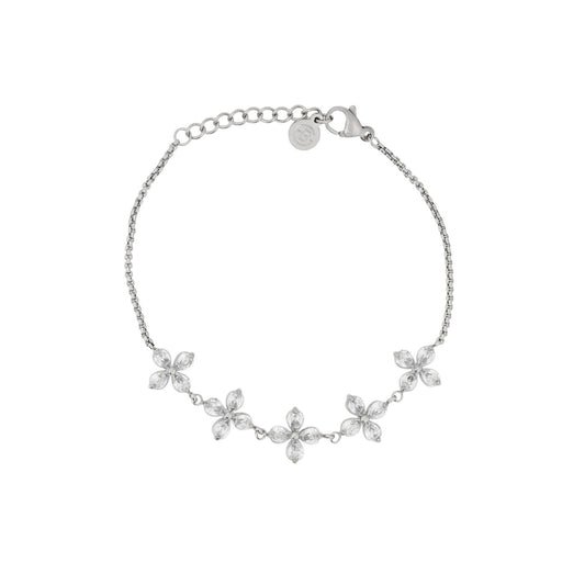 Pulsera de acero inoxidable con diseños florales de circonitas en cada pétalo acabado plata - mbyou